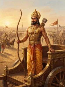 King Bhoja stands on his war chariot holding a curved bow, overseeing the Pāṇḍava battle lines in the epic war.