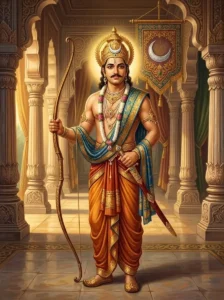 King Ajāmīḍha of the Moon dynasty stands in the pillared hall of Hastināpura with his bow and sword.