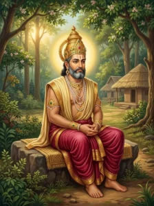 King Akampana sits in quiet contemplation on a stone seat in the forest during the Kṛta Yuga.