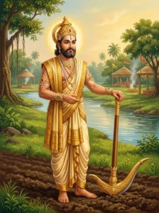 King Ākāśarāja stands in a ritual field with a golden plough, dressed in regal silks.