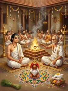 A devotee and an acharya performing the concluding udyapana fire rite of the Akhanda Ekadashi Vrata before an altar of Lakshm