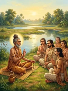 Sage Akritavrana narrates Parashurama's deeds to King Yudhishṭhira and the Pāṇḍavas by a sacred pool.