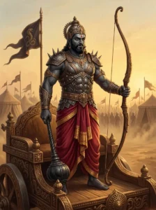 Alambusha holding a mace and war bow on his chariot during the Kurukshetra War.