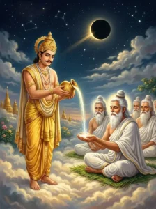 King Pururavas offers lunar nectar to the pitrs in Svarga on Amāvāsyā Kāla-Nirṇaya.