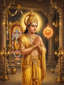 King Ambarisha stands with hands in anjali mudra as the radiant Sudarśana Cakra hovers near his shoulder.