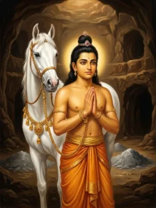 Prince Aṃśumān stands with the recovered sacrificial horse amidst the ashes in the subterranean realm.
