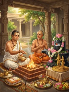 A devotee and a priest performing the concluding homa of the Ananga Trayodashi Vrata before a Śiva liṅga and a golden mūrti o