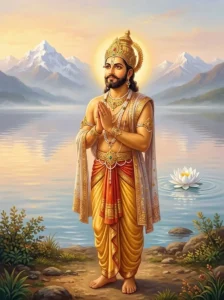 King Anaranya stands in royal attire on a lakeshore, joining his hands in anjali mudra to adore the rising sun.