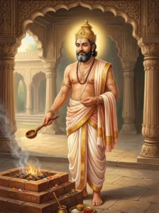 King Aṅga stands beside a brick sacrificial altar with a ritual ladle, bathed in gentle morning light.