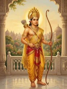 Prince Aṅgada of Ayodhya stands on a white terrace holding a wooden bow, dressed in embroidered silk robes.