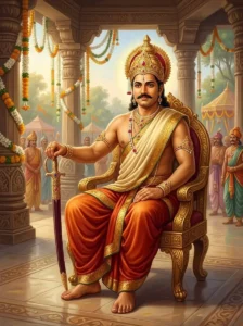 King Aṅganadha of Vidarbha sits regally among suitors in a pillared pavilion, draped in rich silks.