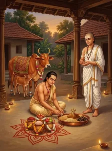 A householder performing the Angaraka Vrata at dusk, preparing offerings and the ritual gift of a cow and golden idol of Maṅg