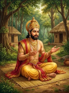 King Āṅgarishṭha in royal silks and gold sits on a grass mat in a forest hermitage, asking a question.