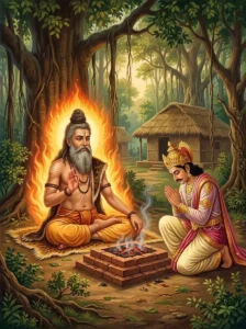The sage Aṅgiras instructs the kneeling King Mandhata under forest trees.