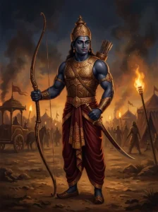Añjanaparvan stands resolute with a bow and sword on the smoky battlefield of Kurukshetra.
