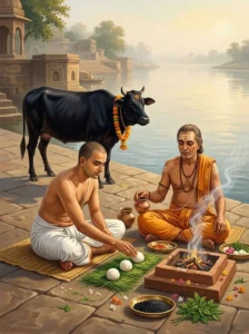 A householder performer and a Brahmin priest conducting the rites of Antya Karma with sacred offerings