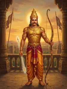 Anuhlada, eldest son of Hiraṇyakaśipu, stands in golden armor with a bow and celestial arrow in the Daitya capital.