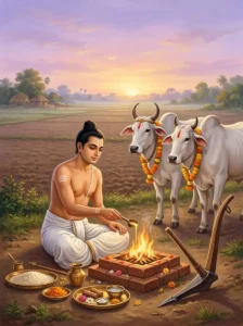 A householder performs a fire offering before ploughing in the Vishṇu Dharmottara Purāṇa.