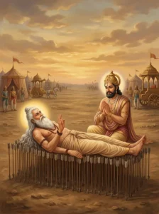Bhishma lying upon a bed of arrows instructs King Yudhishṭhira in the duties of a king during times of crisis