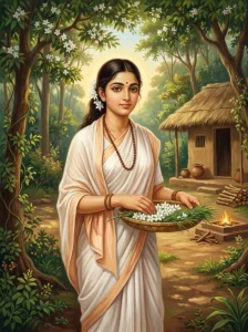 Araja, daughter of Shukracharya, holding flowers near her father's hermitage.