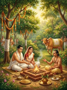 A householder and his wife performing the Arama Pratishtha tree-consecration rite with priests in a newly planted public gard