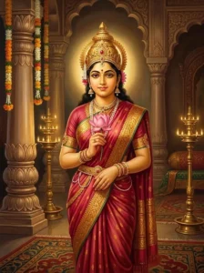 Queen Arci stands radiating golden light, wearing royal red and gold garments and holding a pink lotus.