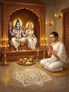 A devotee performs the Ardrananda Tritiya Vrata before an altar enshrining Śiva and Pārvatī