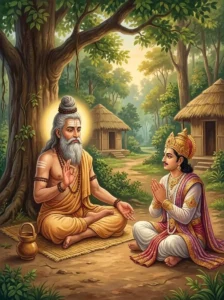 The sage Arishṭanemi teaches King Sagara about liberation in a tranquil forest clearing.