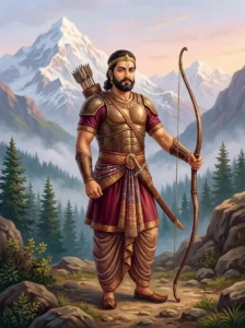 The Kaurava warrior Arishṭasena stands resolutely with his bow and sword against a misty mountain background.