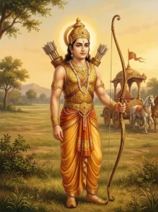 Arjuna stands with quiet strength holding the celestial bow Gandiva, wearing golden armor and jeweled diadem.