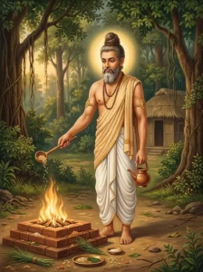 Ārshisheṇa performs a sacred fire offering, balancing ascetic austerity and royal dignity in a serene woodland dawn.