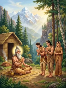 Sage Ārshṭisheṇa blesses the Pāṇḍavas and Draupadi at his mountain hermitage.