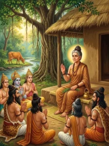Arundhatī seated on a grass mat expounds the secret of dharma to an assembly of ṛshis and devas.