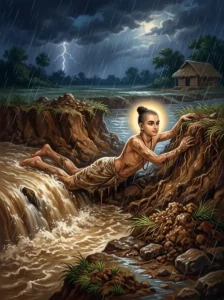 The young student Āruṇi lies across a breached earthen canal bank to block floodwaters with his body.