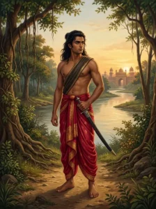 Exiled prince Asamanja stands sternly on the Sarayu riverbank, looking back at the distant city.