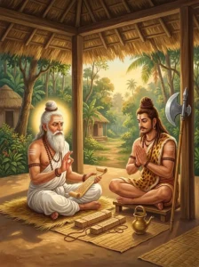 The sage Pushkara instructs Parashurama on the rules of ritual impurity from a palm-leaf folio.