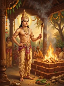 King Ashṭaka stands by a blazing brick sacrificial hearth holding a ritual spoon.