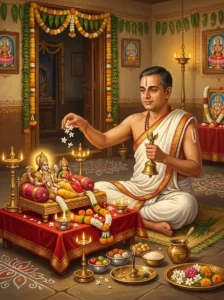A householder devotee performing the Ashunyashayana vrata puja before an altar of Vishṇu and Lakshmī