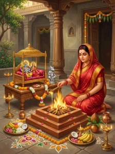 A devout married woman performs the Ashunyashayana Vrata before a decorated home altar and a sacred homa fire