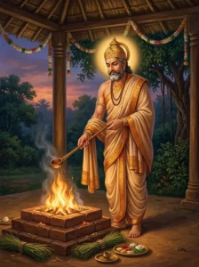 King Ashvapati of Madra stands in reverence by a brick yajna fire altar at dusk, holding a ritual ladle.