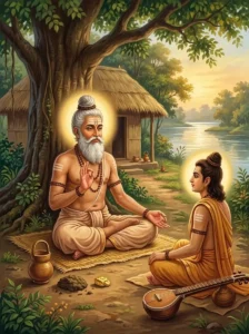 The sage Asita Devala sits in meditation on a kusha mat, imparting spiritual wisdom to Nārada by the Sarasvati River.