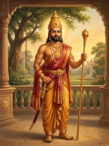 King Asita of the Ikshvaku solar dynasty in royal attire with a golden staff and sword on a sun-carved palace terrace.