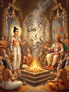 The youthful sage Āstīka halts King Janamejaya's great snake sacrifice with eloquent praise.