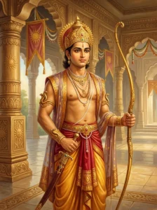 King Atithi stands in regal finery as the newly crowned monarch and continuation of the Suryavamsha dynasty.