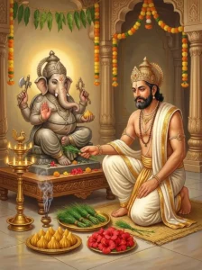 A royal devotee, King Sagara, performs the Avighna Vrata worship before an icon of Gaṇeśa