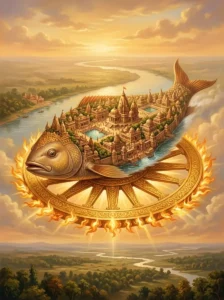 Ayodhyā shaped like a fish resting on the Sudarśana Cakra of Bhagavān Vishṇu, framed by the Sarayū and Tamasā rivers.