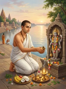 A Hindu pilgrim performing morning worship and making offerings before a shrine of Vishṇu on the riverbank steps