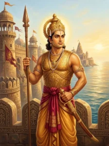 Babhru of the Vṛshṇis stands vigilantly with a spear on the stone ramparts of Dvaraka.