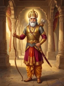 Bāhlīka, the elderly Kuru elder and king of Bahlika, stands with his bow in a palace.