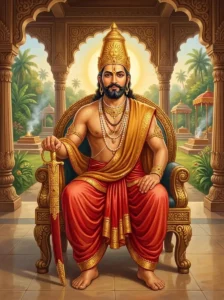 King Bahu of the Solar dynasty sits upon a golden throne with a sword.